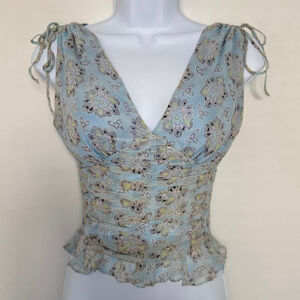 Y2k LAUNDRY by Shelli Segal Baby Blue Silk Floral Ruched Crop Top - Size 0
